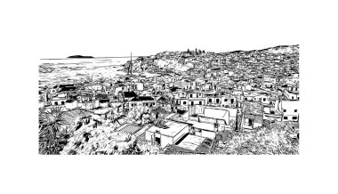 Skiathos 'un simgesi olan Print Building View Ege Denizi' ndeki adadır. Vektörde elle çizilmiş çizim çizimi.