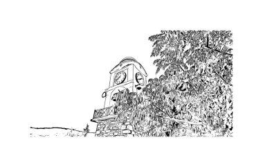Skiathos 'un simgesi olan Print Building View Ege Denizi' ndeki adadır. Vektörde elle çizilmiş çizim çizimi.