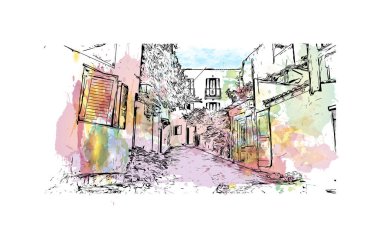 Skiathos 'un simgesi olan Print Building View Ege Denizi' ndeki adadır. Vektörde elle çizilmiş resim ile suluboya sıçraması.