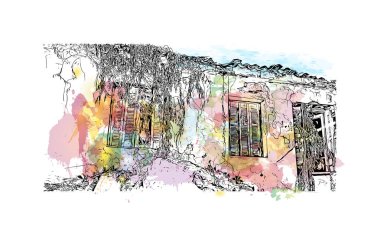 Skiathos 'un simgesi olan Print Building View Ege Denizi' ndeki adadır. Vektörde elle çizilmiş resim ile suluboya sıçraması.