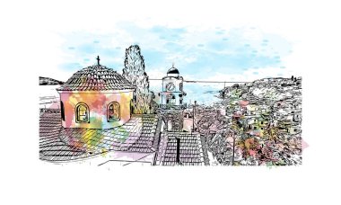 Skiathos 'un simgesi olan Print Building View Ege Denizi' ndeki adadır. Vektörde elle çizilmiş resim ile suluboya sıçraması.