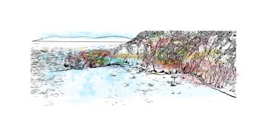 Skiathos 'un simgesi olan Print Building View Ege Denizi' ndeki adadır. Vektörde elle çizilmiş resim ile suluboya sıçraması.