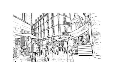 Print Building view with landmark of Sarlat is the commune in France. Vektörde elle çizilmiş çizim çizimi.