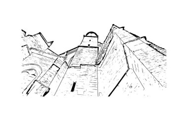 Print Building view with landmark of Sarlat is the commune in France. Vektörde elle çizilmiş çizim çizimi.