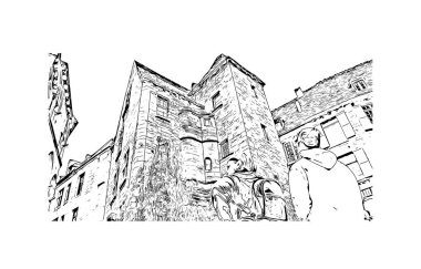 Print Building view with landmark of Sarlat is the commune in France. Vektörde elle çizilmiş çizim çizimi.