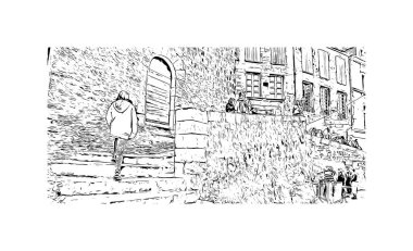 Print Building view with landmark of Sarlat is the commune in France. Vektörde elle çizilmiş çizim çizimi.