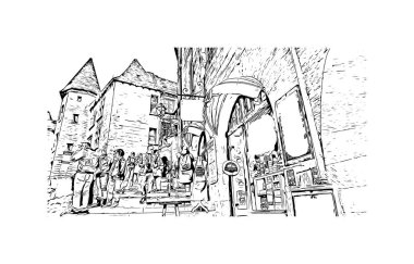 Print Building view with landmark of Sarlat is the commune in France. Vektörde elle çizilmiş çizim çizimi.