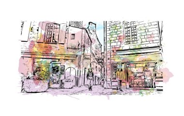 Print Building view with landmark of Sarlat is the commune in France. Vektörde elle çizilmiş resim ile suluboya sıçraması.