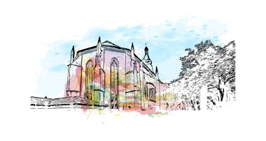 Print Building view with landmark of Sarlat is the commune in France. Vektörde elle çizilmiş resim ile suluboya sıçraması.