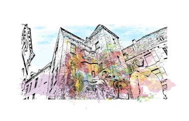 Print Building view with landmark of Sarlat is the commune in France. Vektörde elle çizilmiş resim ile suluboya sıçraması.