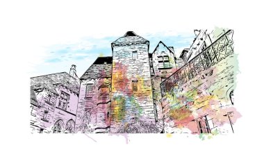 Print Building view with landmark of Sarlat is the commune in France. Vektörde elle çizilmiş resim ile suluboya sıçraması.