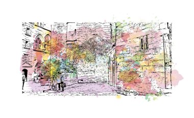 Print Building view with landmark of Sarlat is the commune in France. Vektörde elle çizilmiş resim ile suluboya sıçraması.