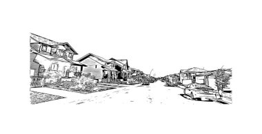 Saskatoon 'un simgesi olan Print Building View Kanada' da bulunmaktadır. Vektörde elle çizilmiş çizim çizimi.