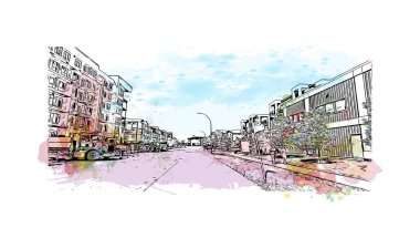 Saskatoon 'un simgesi olan Print Building View Kanada' da bulunmaktadır. Vektörde elle çizilmiş resim ile suluboya sıçraması.