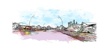 Saskatoon 'un simgesi olan Print Building View Kanada' da bulunmaktadır. Vektörde elle çizilmiş resim ile suluboya sıçraması.