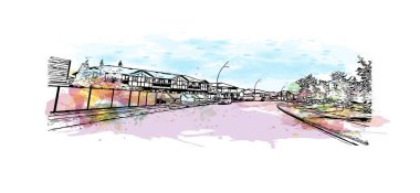 Saskatoon 'un simgesi olan Print Building View Kanada' da bulunmaktadır. Vektörde elle çizilmiş resim ile suluboya sıçraması.