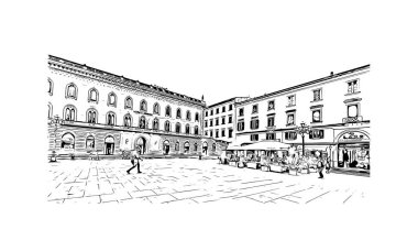 Sassari 'nin simgesi olan Print Building view İtalya' da yer almaktadır. Vektörde elle çizilmiş çizim çizimi.