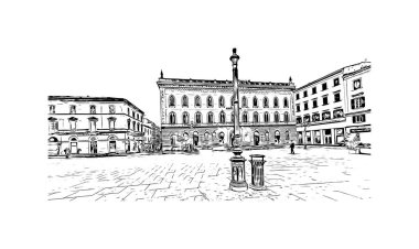 Sassari 'nin simgesi olan Print Building view İtalya' da yer almaktadır. Vektörde elle çizilmiş çizim çizimi.