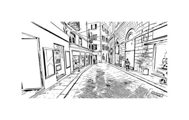Sassari 'nin simgesi olan Print Building view İtalya' da yer almaktadır. Vektörde elle çizilmiş çizim çizimi.
