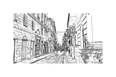 Sassari 'nin simgesi olan Print Building view İtalya' da yer almaktadır. Vektörde elle çizilmiş çizim çizimi.