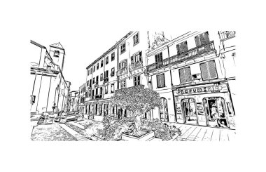 Sassari 'nin simgesi olan Print Building view İtalya' da yer almaktadır. Vektörde elle çizilmiş çizim çizimi.