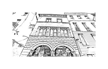 Sassari 'nin simgesi olan Print Building view İtalya' da yer almaktadır. Vektörde elle çizilmiş çizim çizimi.
