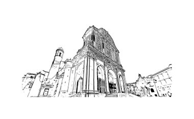 Sassari 'nin simgesi olan Print Building view İtalya' da yer almaktadır. Vektörde elle çizilmiş çizim çizimi.