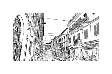 Sassari 'nin simgesi olan Print Building view İtalya' da yer almaktadır. Vektörde elle çizilmiş çizim çizimi.