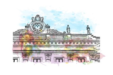 Sassari 'nin simgesi olan Print Building view İtalya' da yer almaktadır. Vektörde elle çizilmiş resim ile suluboya sıçraması.