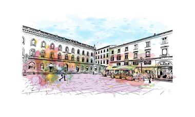 Sassari 'nin simgesi olan Print Building view İtalya' da yer almaktadır. Vektörde elle çizilmiş resim ile suluboya sıçraması.