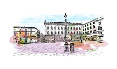 Sassari 'nin simgesi olan Print Building view İtalya' da yer almaktadır. Vektörde elle çizilmiş resim ile suluboya sıçraması.