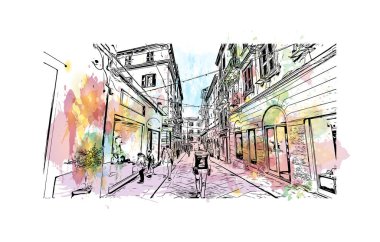 Sassari 'nin simgesi olan Print Building view İtalya' da yer almaktadır. Vektörde elle çizilmiş resim ile suluboya sıçraması.