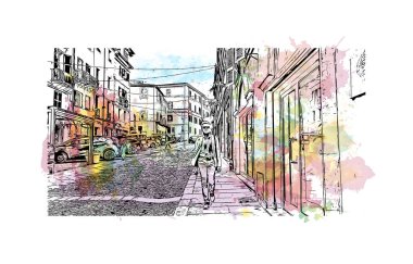 Sassari 'nin simgesi olan Print Building view İtalya' da yer almaktadır. Vektörde elle çizilmiş resim ile suluboya sıçraması.