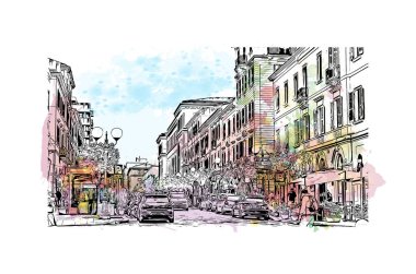 Sassari 'nin simgesi olan Print Building view İtalya' da yer almaktadır. Vektörde elle çizilmiş resim ile suluboya sıçraması.