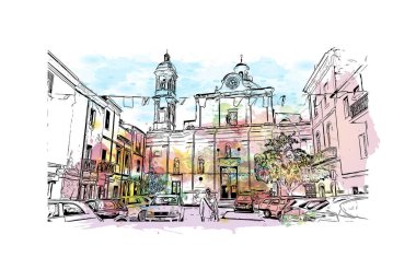 Sassari 'nin simgesi olan Print Building view İtalya' da yer almaktadır. Vektörde elle çizilmiş resim ile suluboya sıçraması.