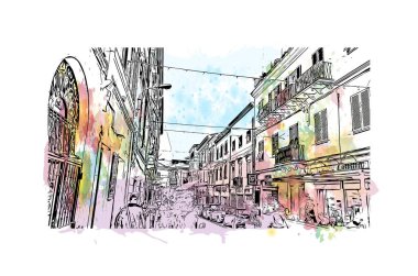 Sassari 'nin simgesi olan Print Building view İtalya' da yer almaktadır. Vektörde elle çizilmiş resim ile suluboya sıçraması.