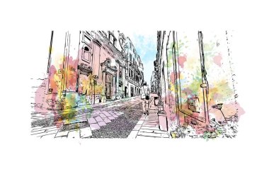 Sassari 'nin simgesi olan Print Building view İtalya' da yer almaktadır. Vektörde elle çizilmiş resim ile suluboya sıçraması.