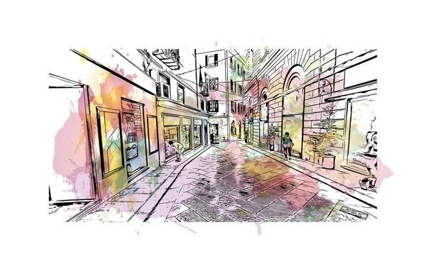 Sassari 'nin simgesi olan Print Building view İtalya' da yer almaktadır. Vektörde elle çizilmiş resim ile suluboya sıçraması.