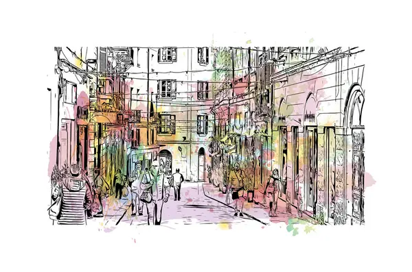 Sassari 'nin simgesi olan Print Building view İtalya' da yer almaktadır. Vektörde elle çizilmiş resim ile suluboya sıçraması.