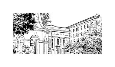 Savannah 'nın simgesi olan bina Georgia' da bir şehirdir. Vektörde elle çizilmiş çizim çizimi.