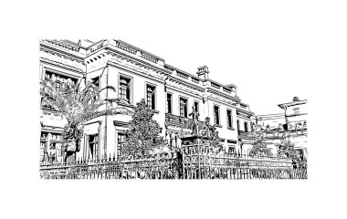 Savannah manzaralı Print Building Georgia 'da bir şehirdir. Vektörde elle çizilmiş çizim çizimi.