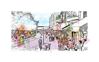 Savannah manzaralı Print Building Georgia 'da bir şehirdir. Vektörde elle çizilmiş resim ile suluboya sıçraması.