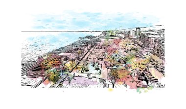 Print Building view with landmark of Savona is the comune in Italy. Vektörde elle çizilmiş resim ile suluboya sıçraması.