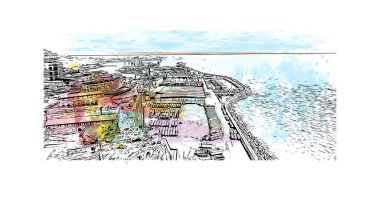 Print Building view with landmark of Savona is the comune in Italy. Vektörde elle çizilmiş resim ile suluboya sıçraması.