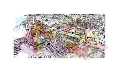 Print Building view with landmark of Savona is the comune in Italy. Vektörde elle çizilmiş resim ile suluboya sıçraması.