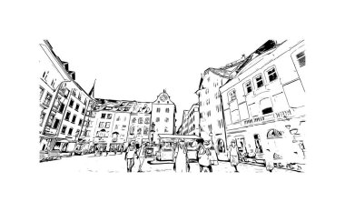 Schaffhausen, İsviçre 'de yer alan bir şehirdir. Vektörde elle çizilmiş çizim çizimi. 