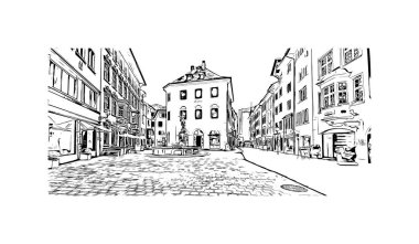 Schaffhausen, İsviçre 'de yer alan bir şehirdir. Vektörde elle çizilmiş çizim çizimi. 