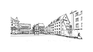 Schaffhausen, İsviçre 'de yer alan bir şehirdir. Vektörde elle çizilmiş çizim çizimi. 