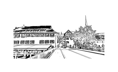 Schaffhausen, İsviçre 'de yer alan bir şehirdir. Vektörde elle çizilmiş çizim çizimi. 
