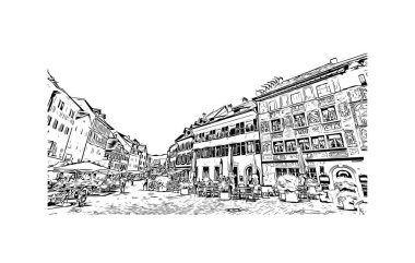 Schaffhausen, İsviçre 'de yer alan bir şehirdir. Vektörde elle çizilmiş çizim çizimi. 